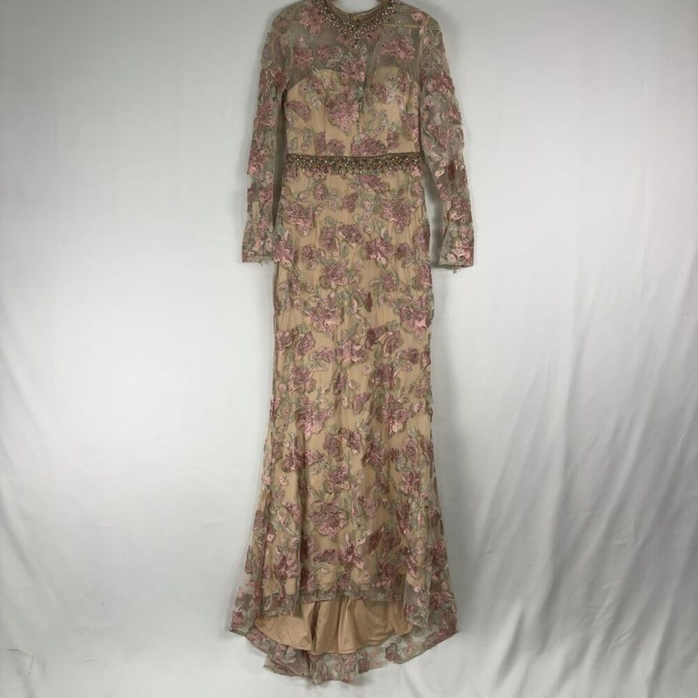 Mac Duggal Blush Floral Embroidered Long Sleeve Gown